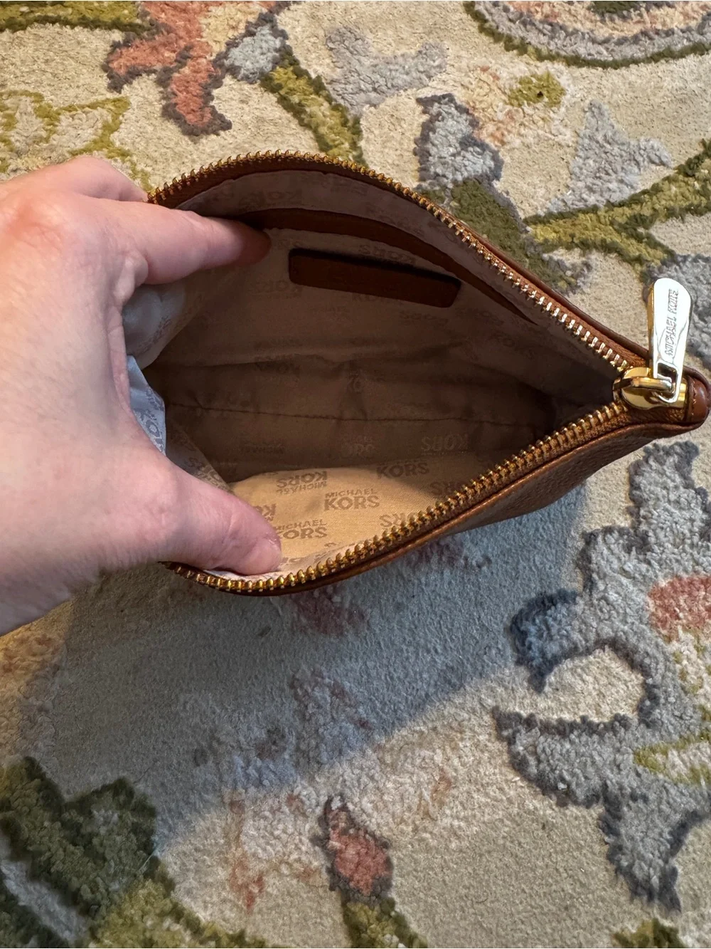 Michael Kors Brown Leather Cosmetic Pouch with Gold Logo